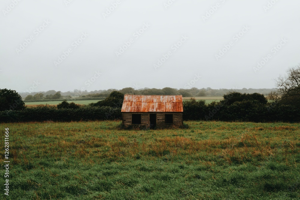 Rustic abandoned farmhouse in a grassy field Rustic abandoned farmhouse in a grassy field