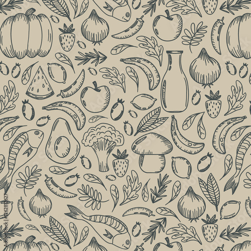 Healthy food seamless pattern. Illustration featuring a variety of food items. Assortment of fruits, vegetables, seafood, and dairy products.
