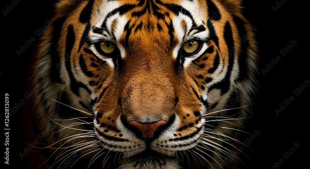 A close-up of a tiger's face illuminated against a dark background, showcasing its striking features and intense gaze. A close-up of a tiger's face illuminated against a dark background, showcasing its striking features and intense gaze.