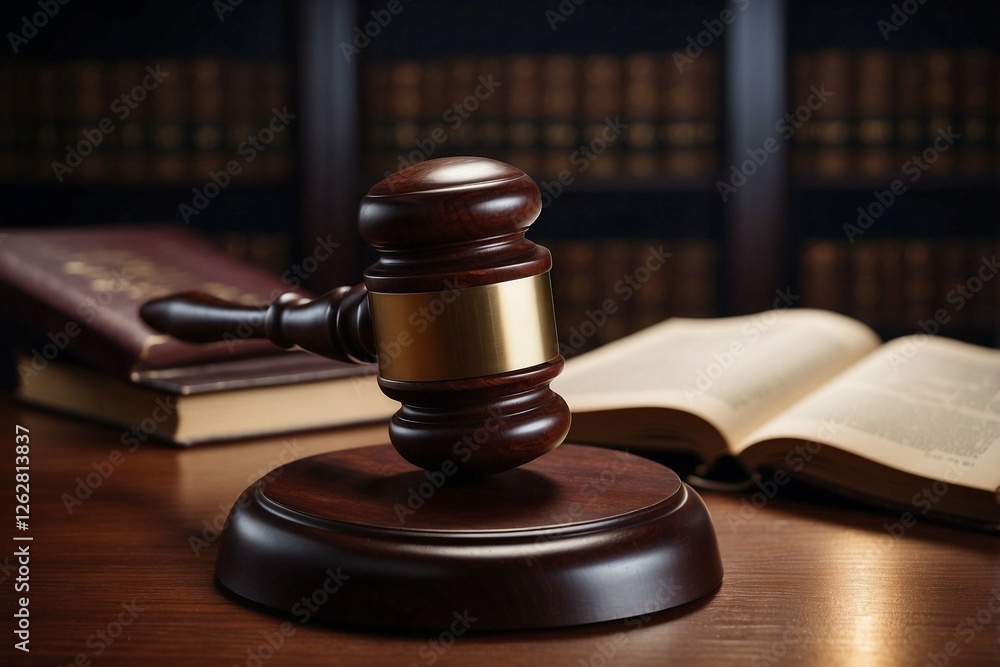 Gavel Made of Polished Wood Elegantly Placed on a Table Against a Background of Books Gavel Made of Polished Wood Elegantly Placed on a Table Against a Background of Books