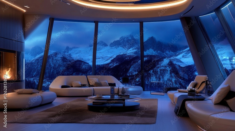 Fototapeta premium Modern interior with stunning mountain view and warm fireplace glow