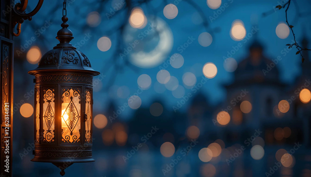 Arabic glowing lantern hanging with dark bokeh background for Eid al Fitr and Ramadan Mubarak banner design concept. Arabic glowing lantern hanging with dark bokeh background for Eid al Fitr and Ramadan Mubarak banner design concept.