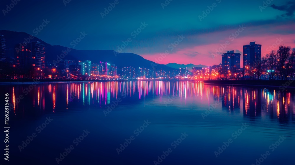 Vibrant Cityscape Reflection at Night with Colorful Lights Vibrant Cityscape Reflection at Night with Colorful Lights