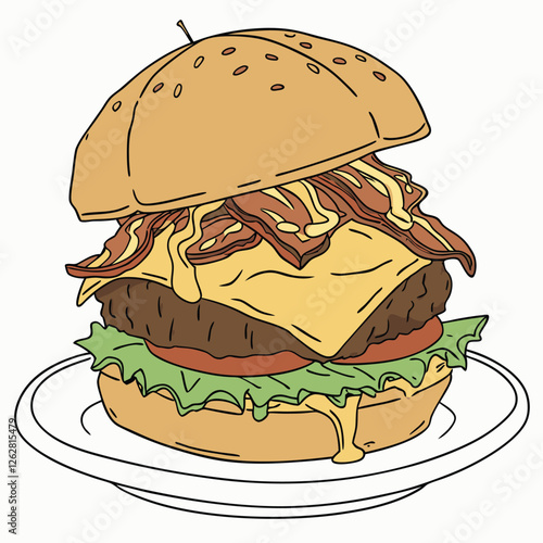 Deliciously Drawn Cheeseburger with Dripping Sauce, Ai Generated