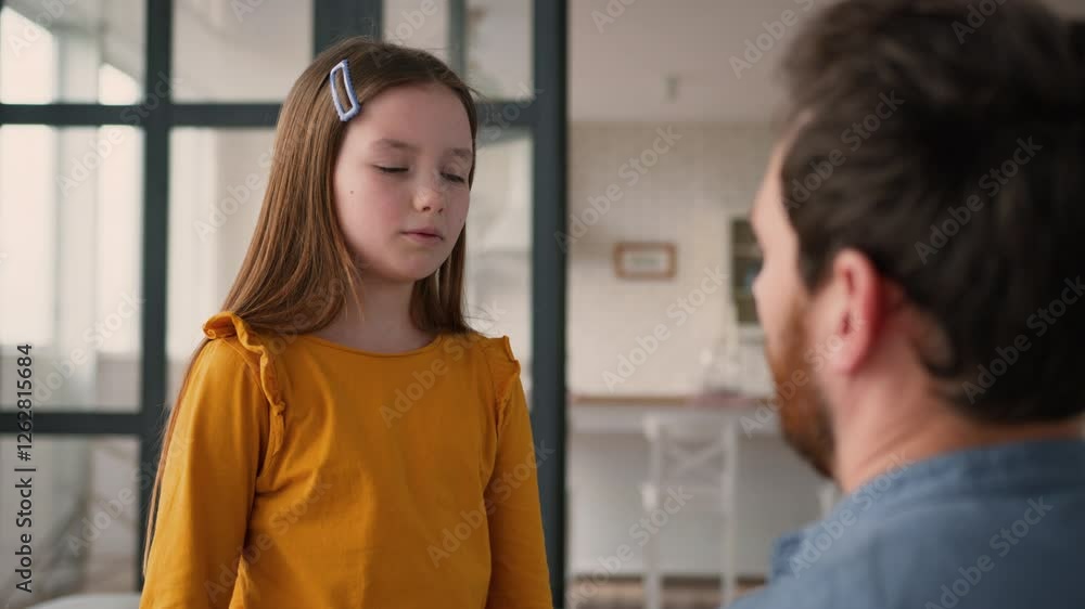 Caring Caucasian guy man parent touching offended frustrated little girl schoolgirl child quarrel dad male supporting frustrated daughter at home father comfort little kid family problem fatherhood Caring Caucasian guy man parent touching offended frustrated little girl schoolgirl child quarrel dad male supporting frustrated daughter at home father comfort little kid family problem fatherhood