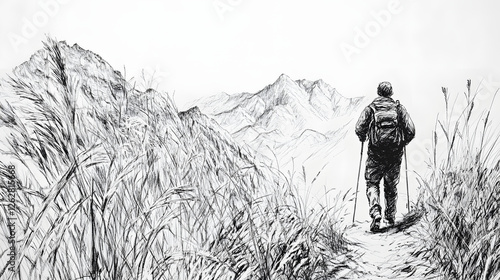 Black and white ink drawing of an explorer with walking sticks in the mountains

