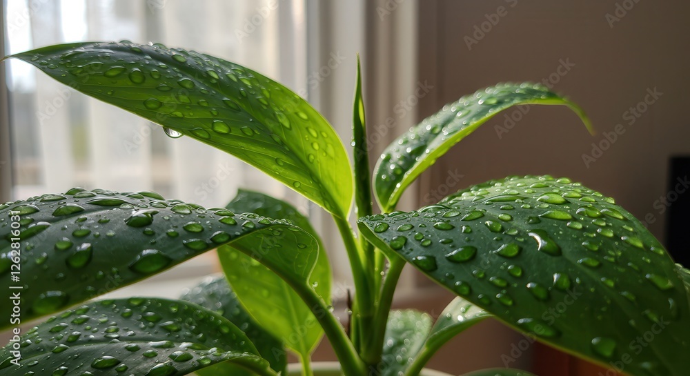 Fresh Green Plant Leaves Covered with Water Droplets Near Window Fresh Green Plant Leaves Covered with Water Droplets Near Window