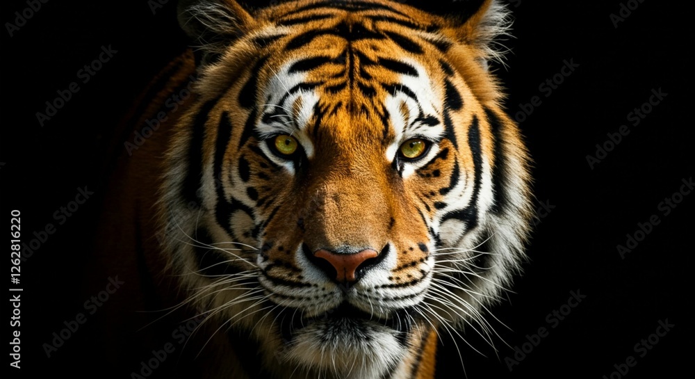 A close-up of a tiger's face illuminated against a dark background, showcasing its striking features and intense gaze. A close-up of a tiger's face illuminated against a dark background, showcasing its striking features and intense gaze.