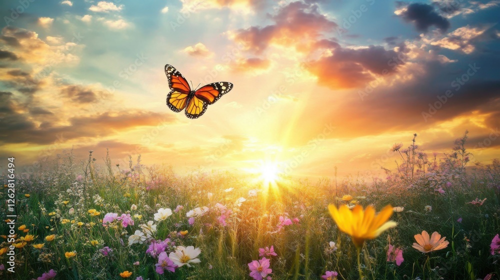 Fototapeta premium sunset meadow with butterfly