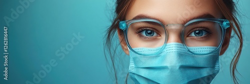 Promotional flyer layout featuring girl wearing glasses and mask on blue background photo