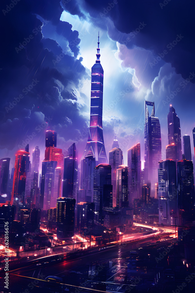 Obraz premium Digital night cityscape design illustration abstract graphic poster background