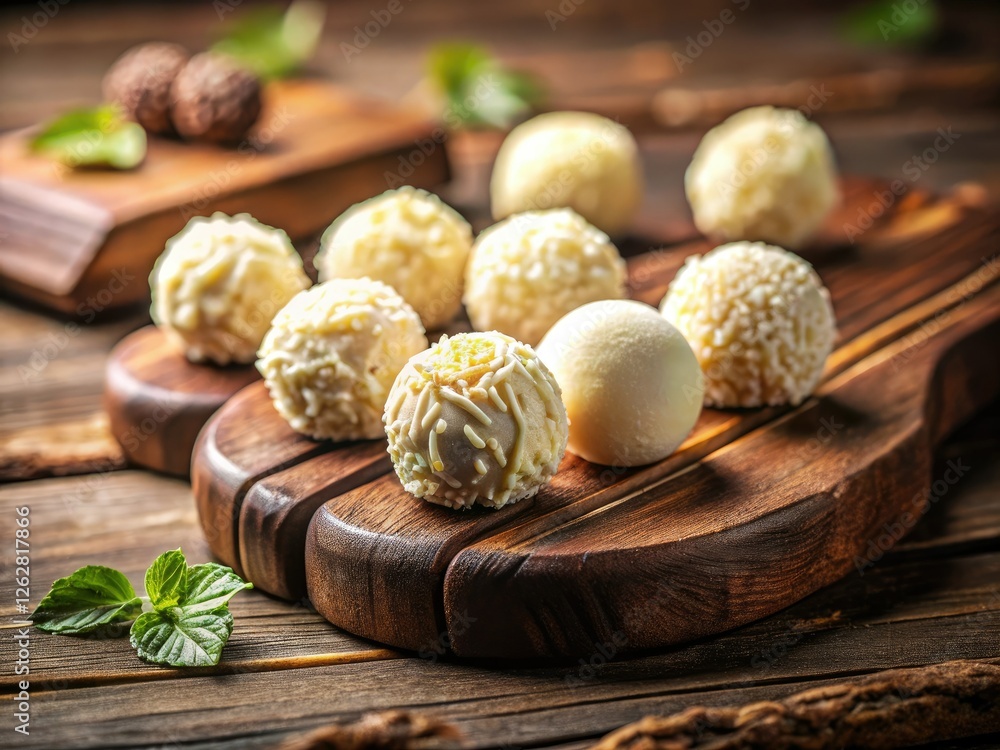 Gourmet white chocolate truffles, elegantly presented on a wooden board, photographed up close; sweet confectionery perfection. Gourmet white chocolate truffles, elegantly presented on a wooden board, photographed up close; sweet confectionery perfection.
