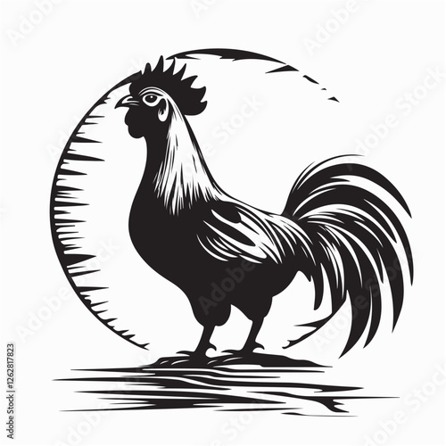 Gallant Rooster Silhouette Standing Proud Against the Morning Sun in a Stunning Vector Illustration