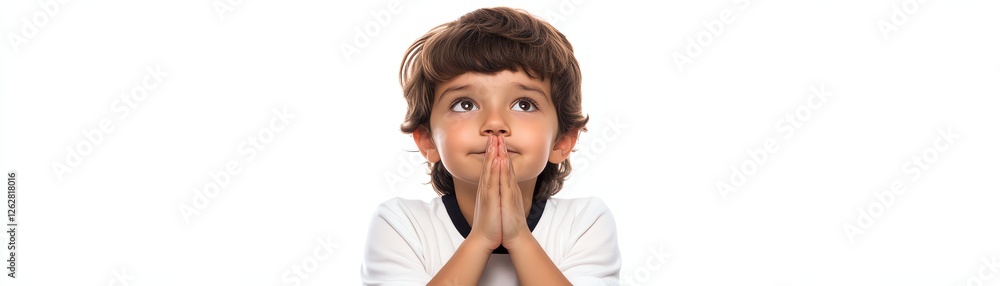 Thoughtful child with hands clasped, white isolate background Thoughtful child with hands clasped, white isolate background