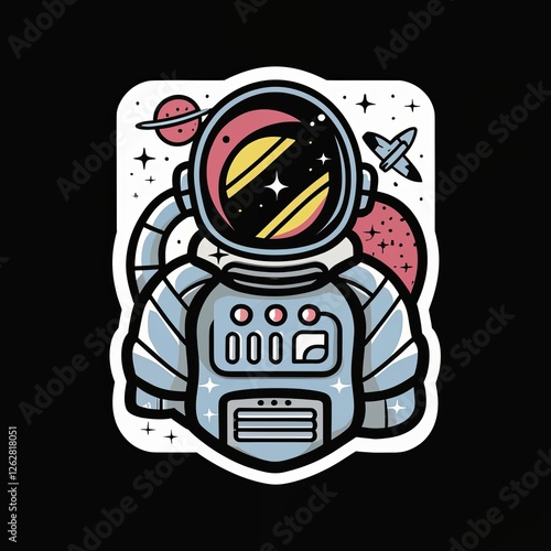 astronaut noir with spaceship, 2d Sticker, colorful, t-shirt clean design, illustration ai generated
