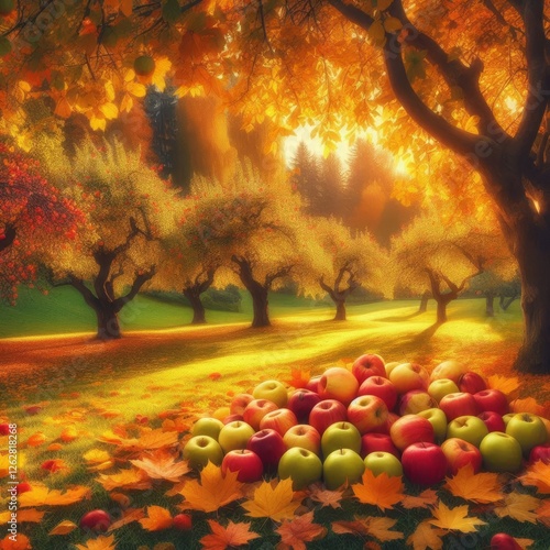Autumn landscape in yellow tones with apples.