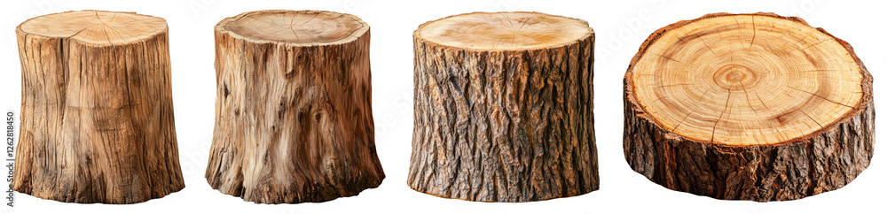 Four Brown Wood Log Stumps Isolated on a Transparent Background with Transparent Wood Texture Four Brown Wood Log Stumps Isolated on a Transparent Background with Transparent Wood Texture