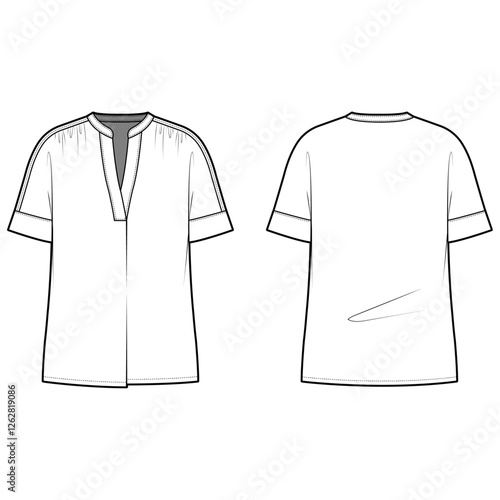Technical flat sketch of Pullover shirt. V-neck poplin blouse with dolman sleeves. Short sleeve top with tuck and shirring details. Vector mock up Template. 