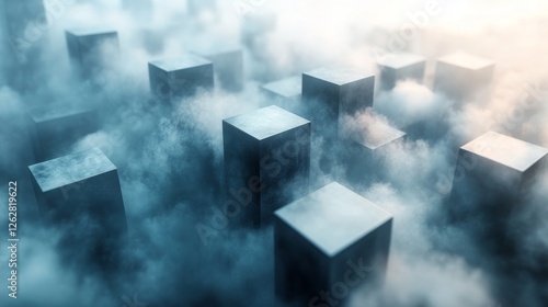 Geometric shapes are partially shrouded in soft white mist