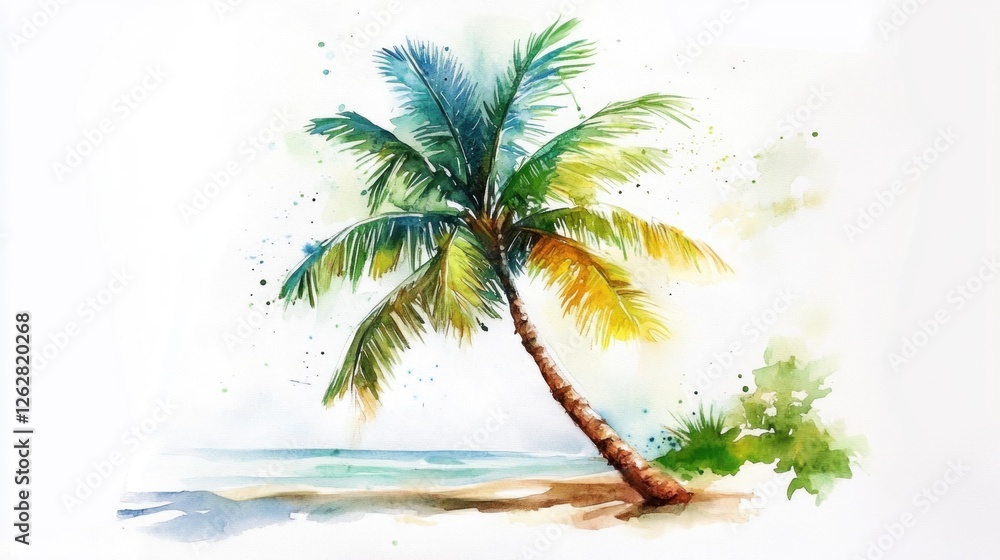 Obraz premium Watercolor palm tree on beach; summer vacation