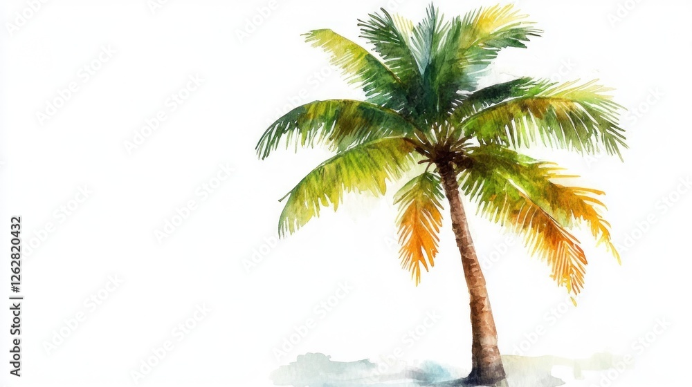 Obraz premium Watercolor Palm Tree, Tropical Beach Scene, Vacation