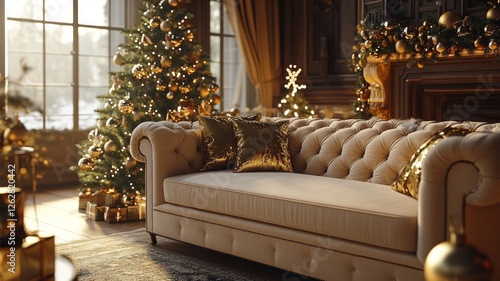 Elegant Christmas Living Room with Decorated Tree and Comfortable Sofa