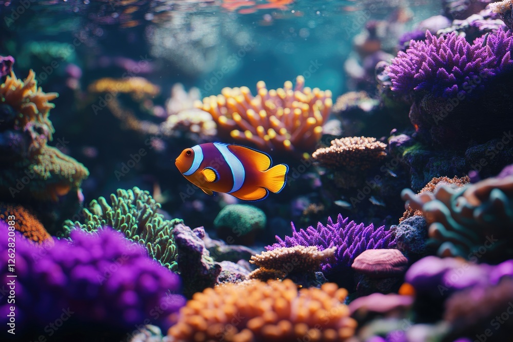 Fototapeta premium A vibrant coral reef with colorful corals and tropical fish, under the blue sky of an island in the South Seas.