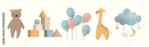 Baby set of toys, balloons, baby clothes, footprints, pacifier, teddy bear, giraffe, stacking rings, baby bottle decorative elements in pastel colors. Flat vector illustration isolated on background