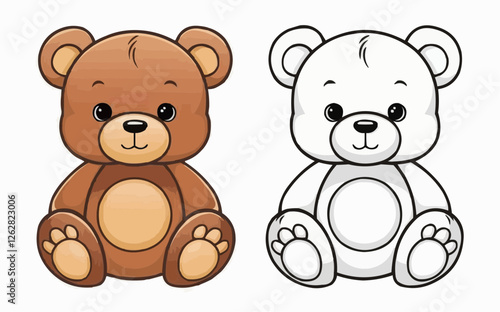 Two teddy bear illustrations: a brown one on the left and a simple black outline on the right, ready for coloring