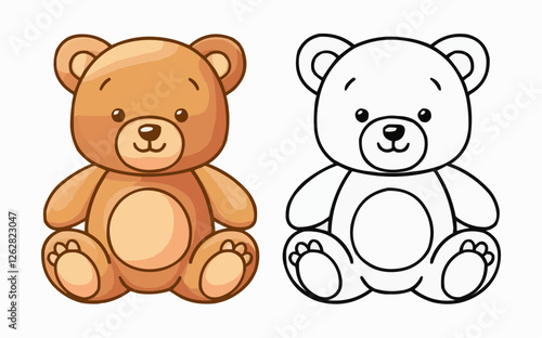 A brown teddy bear and a black-and-white outline of a teddy bear, both sitting down with friendly expressions