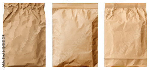 Three Brown Kraft Paper Bags With Varying Conditions On a Transparent Background photo