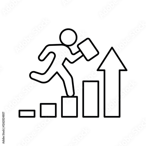 Man with a diplomat running up the graph. Isolated symbol sign used for: mobile, app, design, web, dev, ui, ux, gui. Vector outline icon on white. EPS 10. Can be used for any platform or purpose.