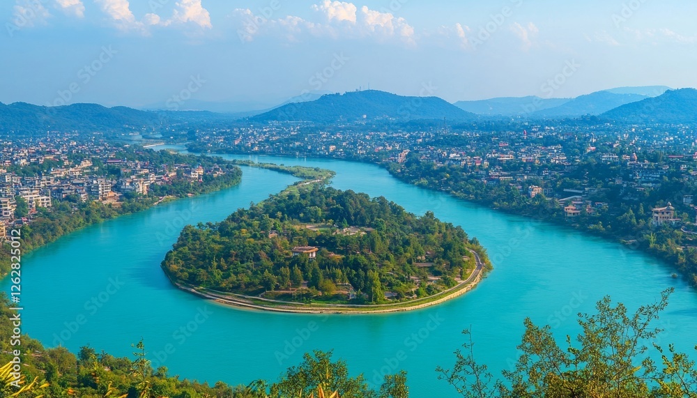 Naklejka premium Serene River Bend, Lush Island, and Picturesque Mountain Vista - Aerial View of Nature s Beauty