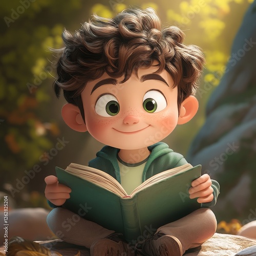 Adorable Cartoon Boy Reading Outdoors