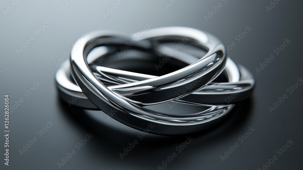 Interlocked shiny metallic tubes resting on a dark reflective surface Interlocked shiny metallic tubes resting on a dark reflective surface