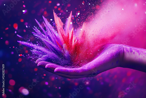 Colorful powder explosion from hand against vibrant background during Holi festival celebration  photo