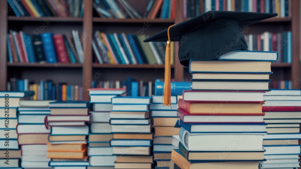 Graduation cap on stack of books in a library setting Graduation cap on stack of books in a library setting