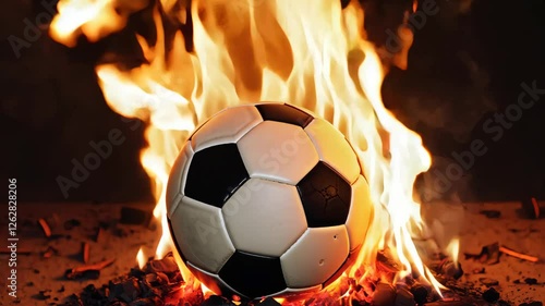 Dramatic soccer ball ablaze: fiery destruction and intense burning action