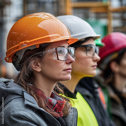 Women in construction helmets focus on a project during a safety briefing at a construction site in the early morning