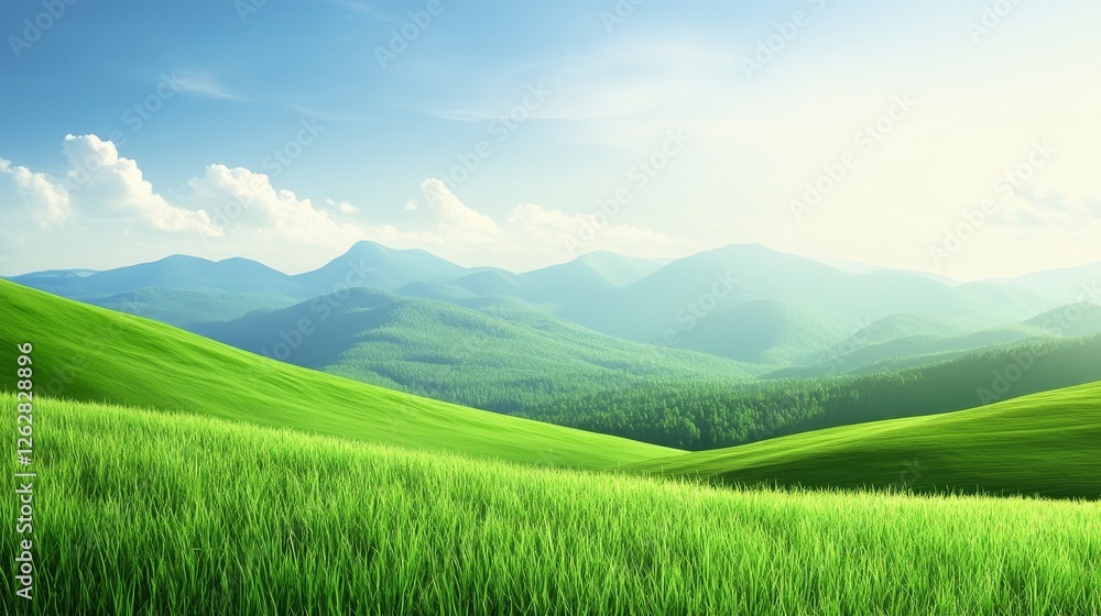Fototapeta premium Lush Green hill Under a Bright Sky with Soft Clouds and Distant mountain, Ideal for Nature Themes