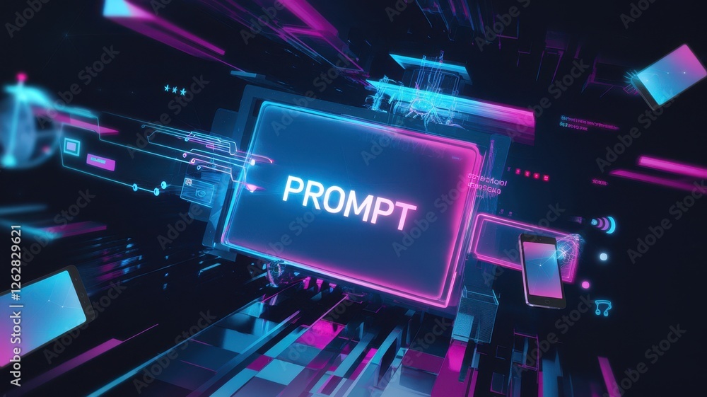 Obraz premium Futuristic digital interface displaying the word PROMPT in neon colors