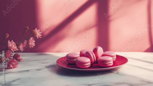 pink macarons on marble table with pink background photo