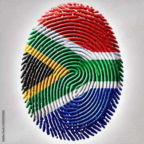 A highly detailed fingerprint in the vibrant colors of the South African national flag, featuring red, blue, green, yellow, black, and white, symbolizing national identity and unity.