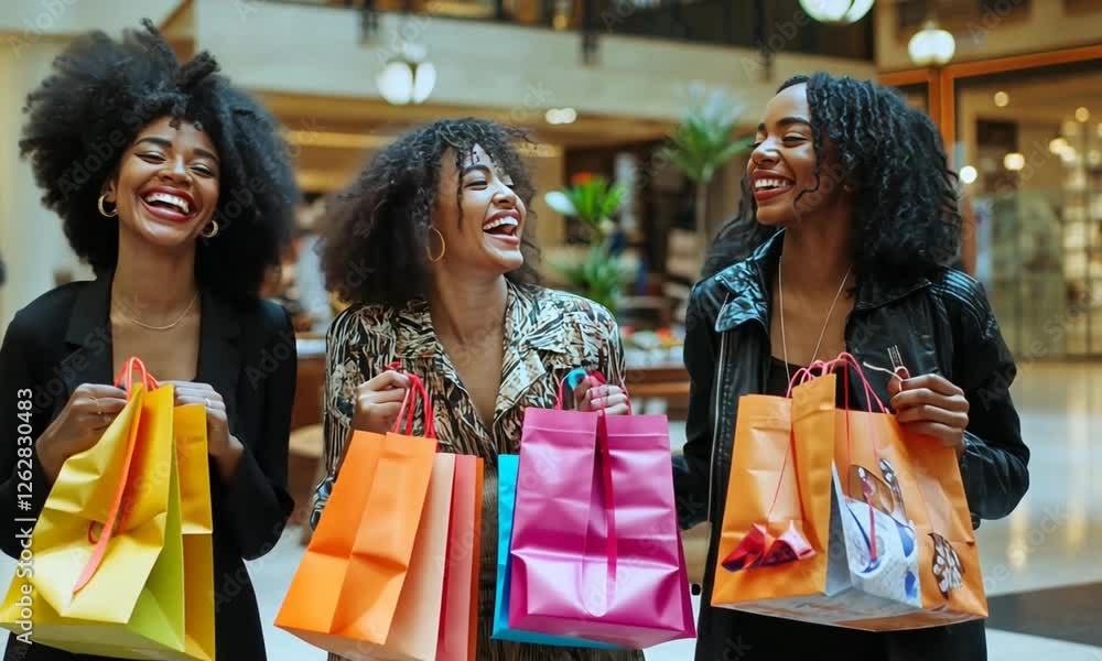 Three joyful women shopping in a vibrant mall, carrying colorful bags, with a bustling background Three joyful women shopping in a vibrant mall, carrying colorful bags, with a bustling background