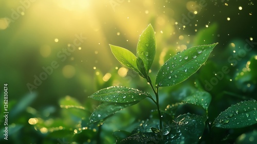 Crystal dewdrops on green leaves