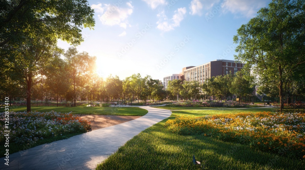Fototapeta premium serene park setting near modern apartment buildings
