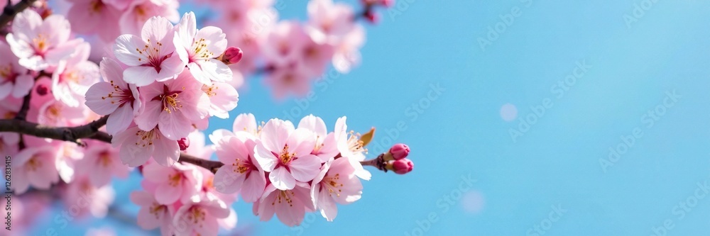 Delicate cherry blossom branches against clear blue sky, blossoms, airy Delicate cherry blossom branches against clear blue sky, blossoms, airy