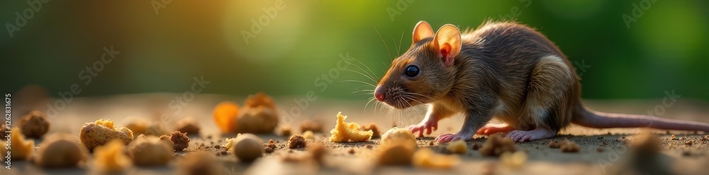 Close-up of gnawed feeder, rat droppings nearby, blurry background , evidence, texture Close-up of gnawed feeder, rat droppings nearby, blurry background , evidence, texture