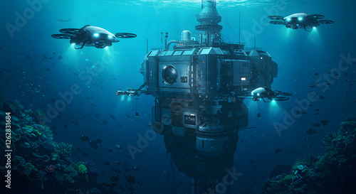 Wallpaper Mural Futuristic underwater research station with advanced drones exploring vibrant deep sea coral reef ecosystem 3d art life fish on transparent background Torontodigital.ca