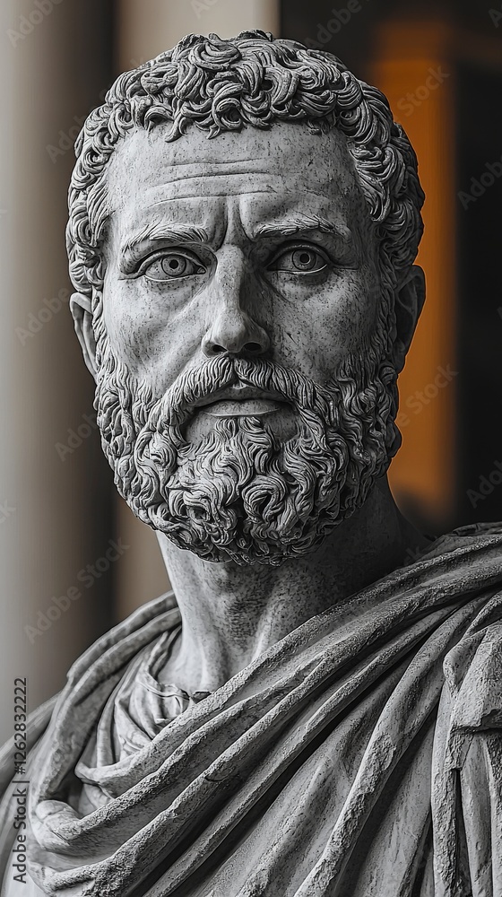 Fototapeta premium This marble bust showcases a notable ancient leader with an intense expression and rich detailing in the beard and facial features, capturing a moment of contemplation and leadership.